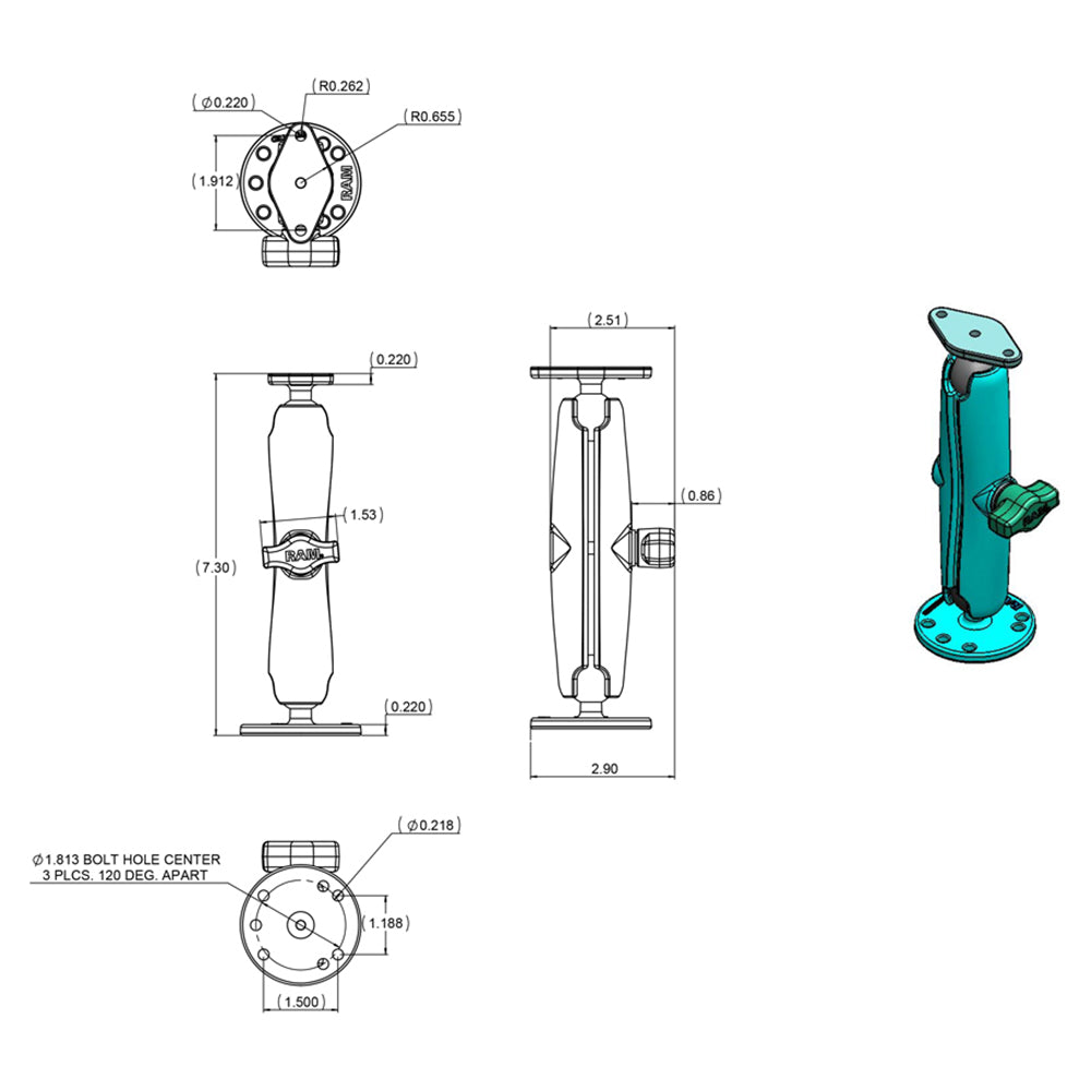 RAM Mount Flat Surface Mount Long Arm wDiamond Base