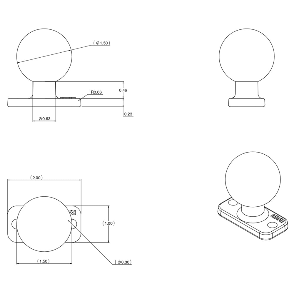 RAM Mount 1 x 2 Rectangle Base w15 Ball