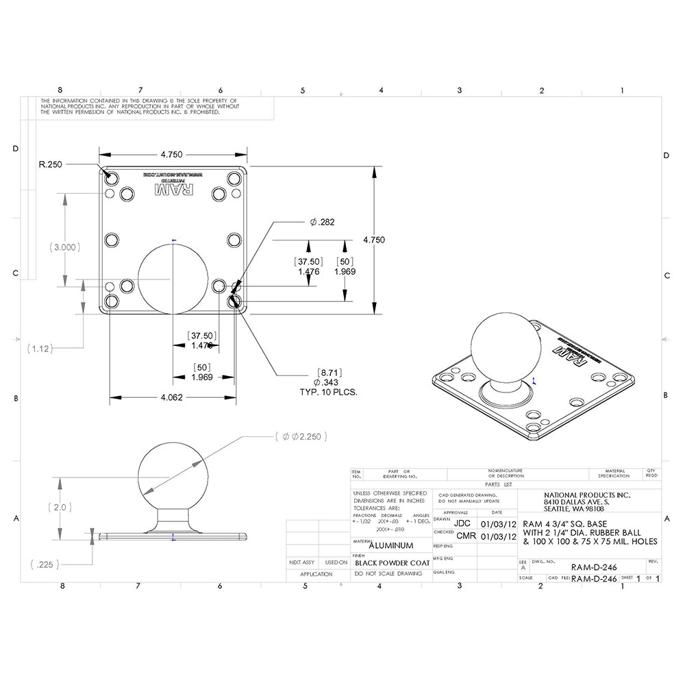 RAM Mount 100x100mm VESA Plate w225 Ball