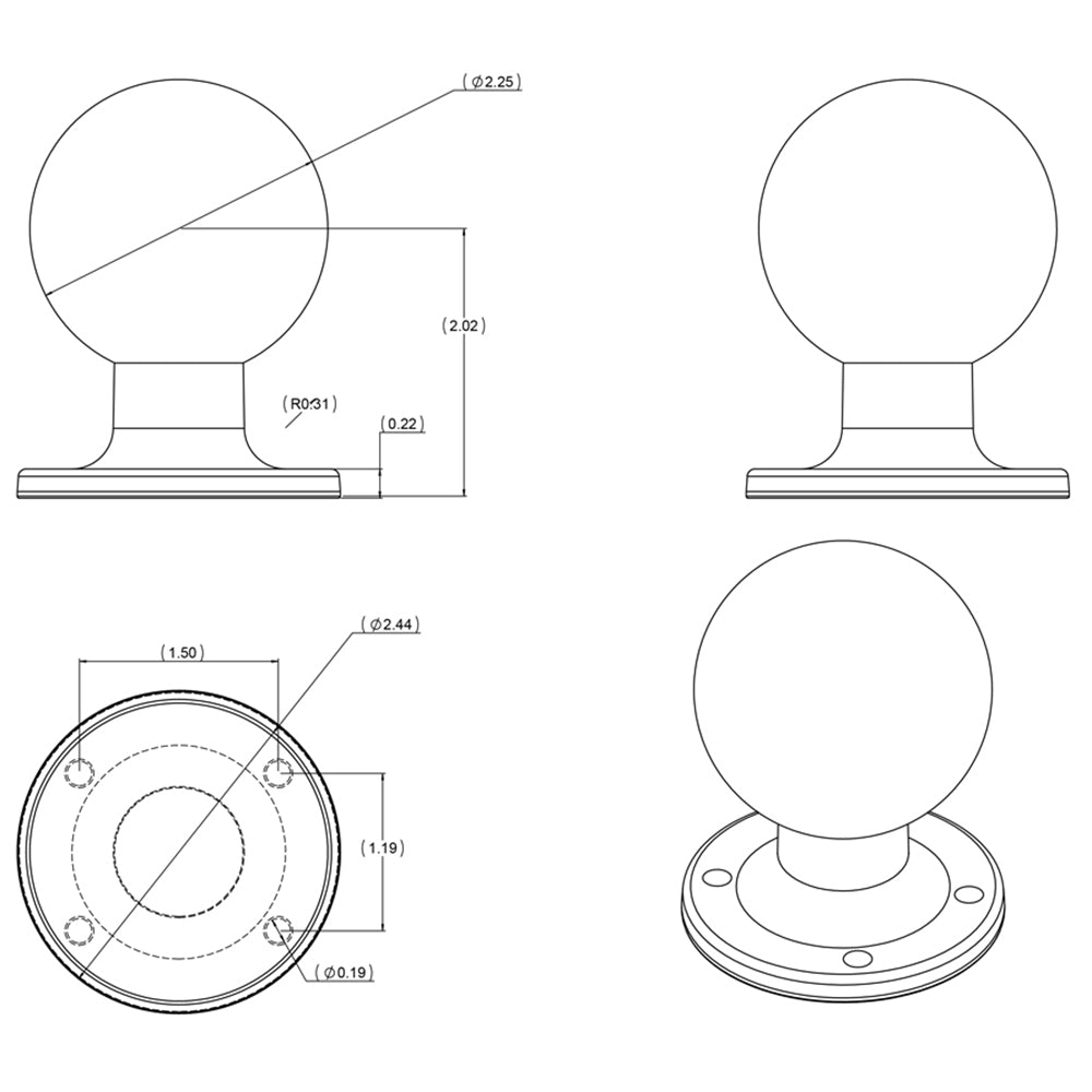 RAM Mount D Size 225 Ball on Round Plate wAMPS Hole Pattern