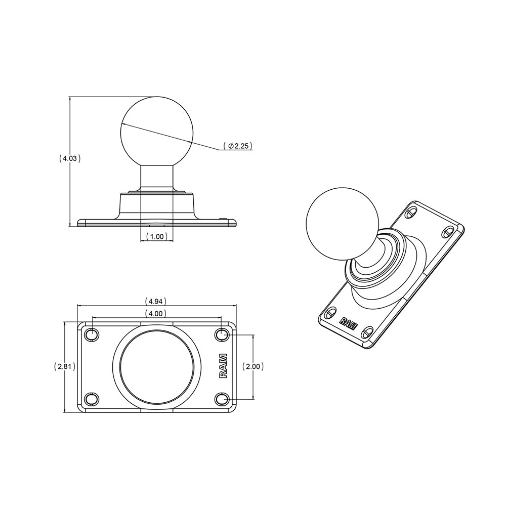 RAM Mount 50mm x 100mm Half VESA Plate Adapter wD Size 225 Ball