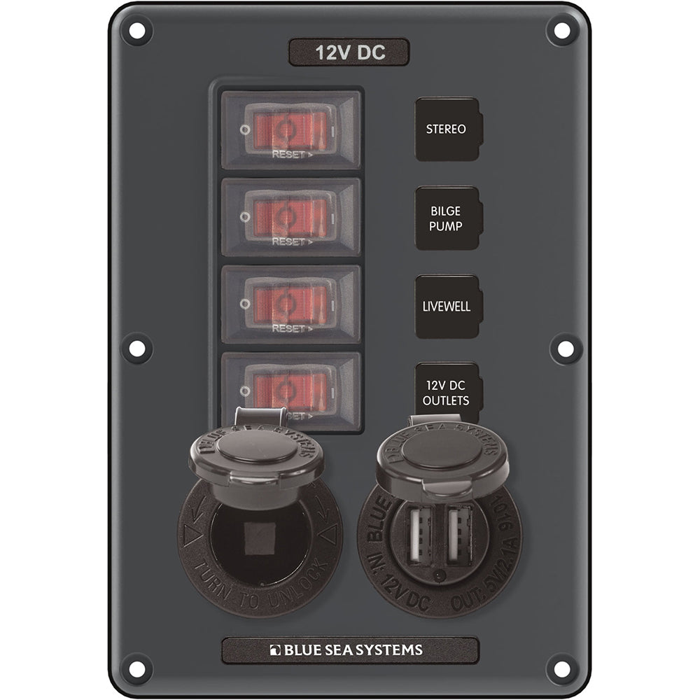 Blue Sea 4321 Circuit Breaker Switch Panel 4 Position Gray w12V Socket Dual USB