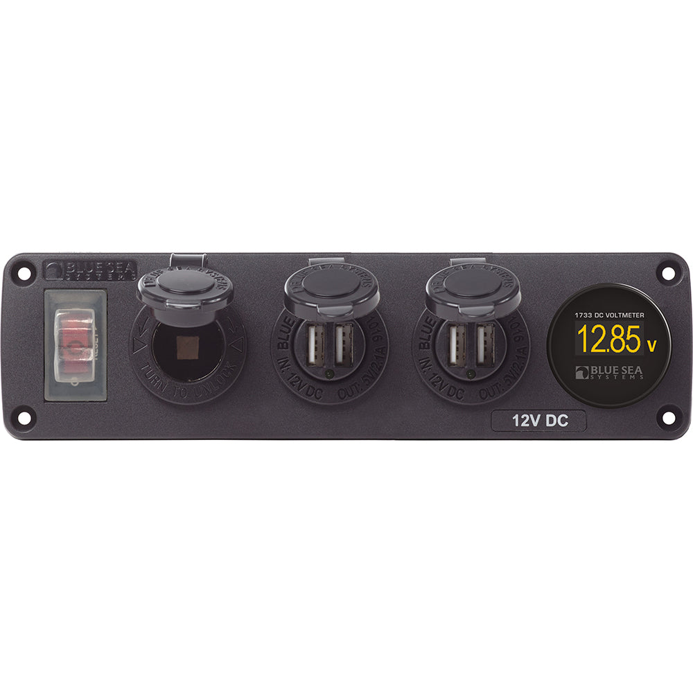 Blue Sea 4368 Water Resistant USB Accessory Panel 12V Socket 2x 21A Dual USB Chargers Mini Voltmeter