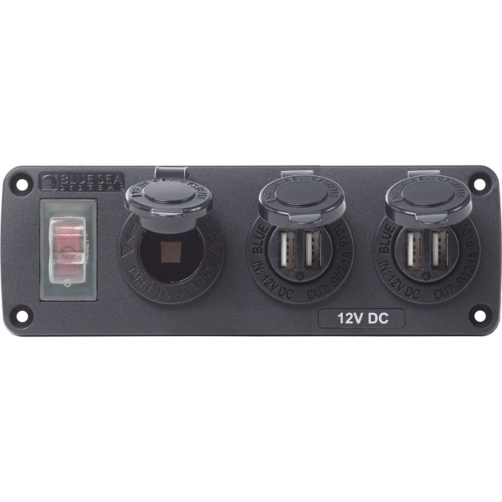 Blue Sea 4365 Water Resistant USB Accessory Panel 15A Circuit Breaker 12V Socket 2x 21A Dual USB Chargers