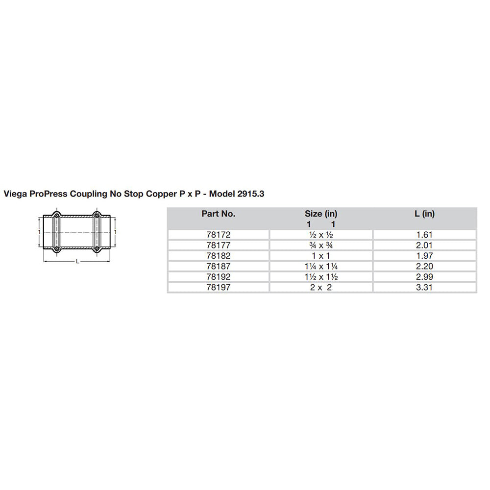 Viega ProPress 2 Copper Coupling wo Stop Double Press Connection Smart Connect Technology