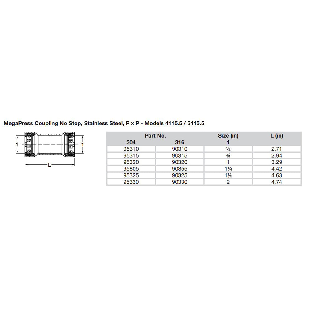 Viega MegaPress 34 Stainless Steel 304 Coupling wo Stop Double Press Connection Smart Connect Technology