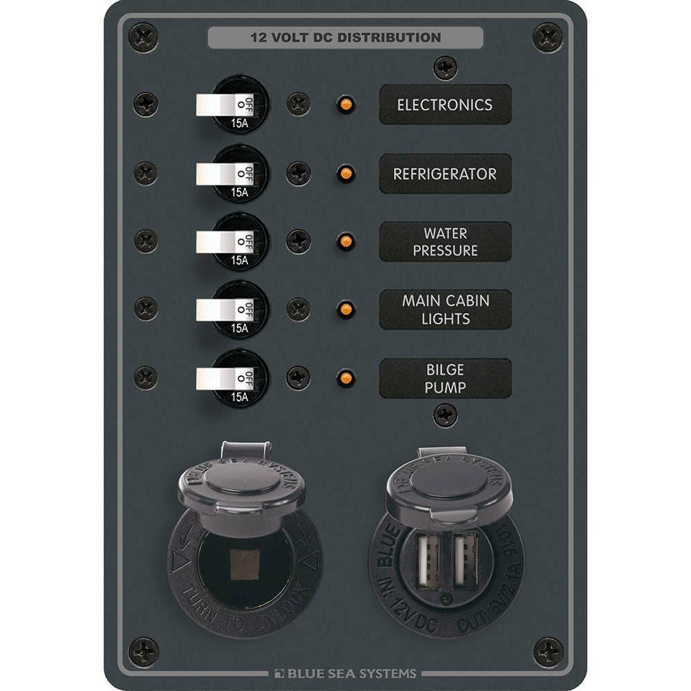 Blue Sea 8120 5 Position 12V Panel wDual USB 12V Socket