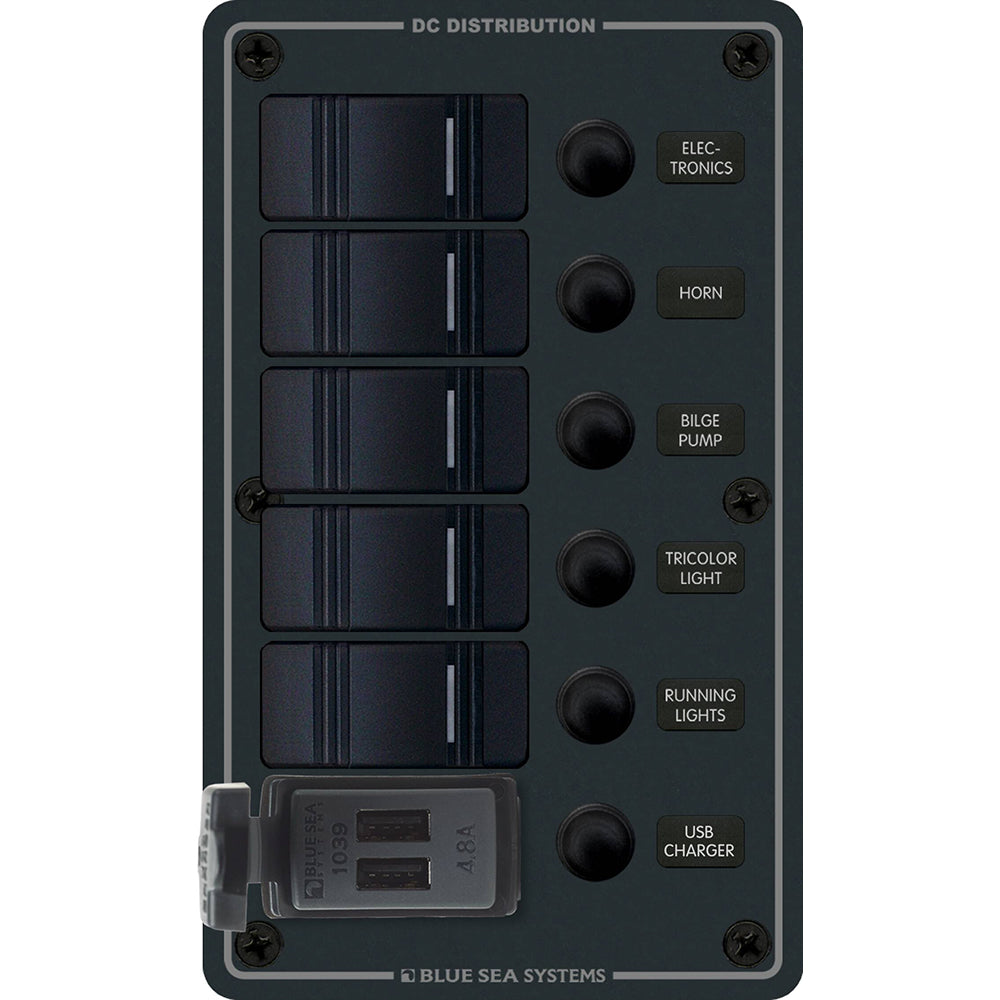 Blue Sea 8521 5 Position Contura Switch Panel wDual USB Chargers 1224V DC Black