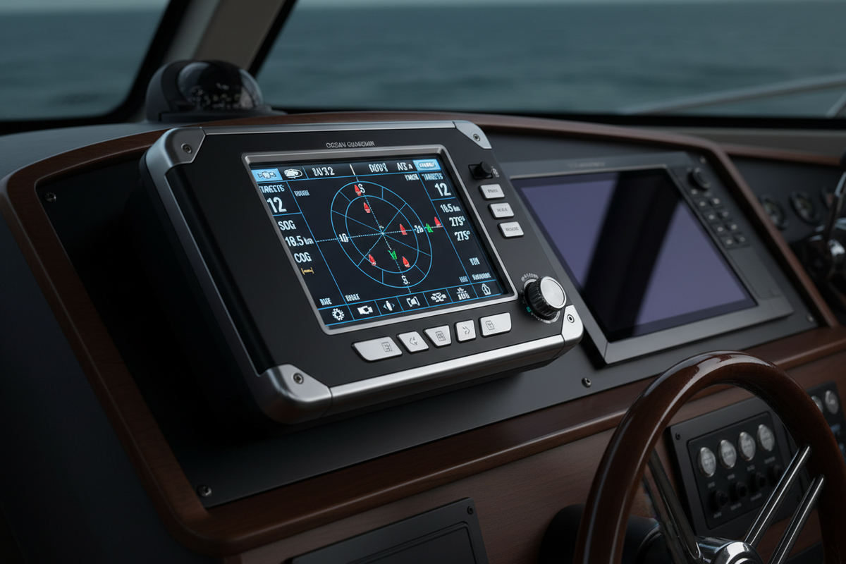 AIS display mounted to the console of a boat.