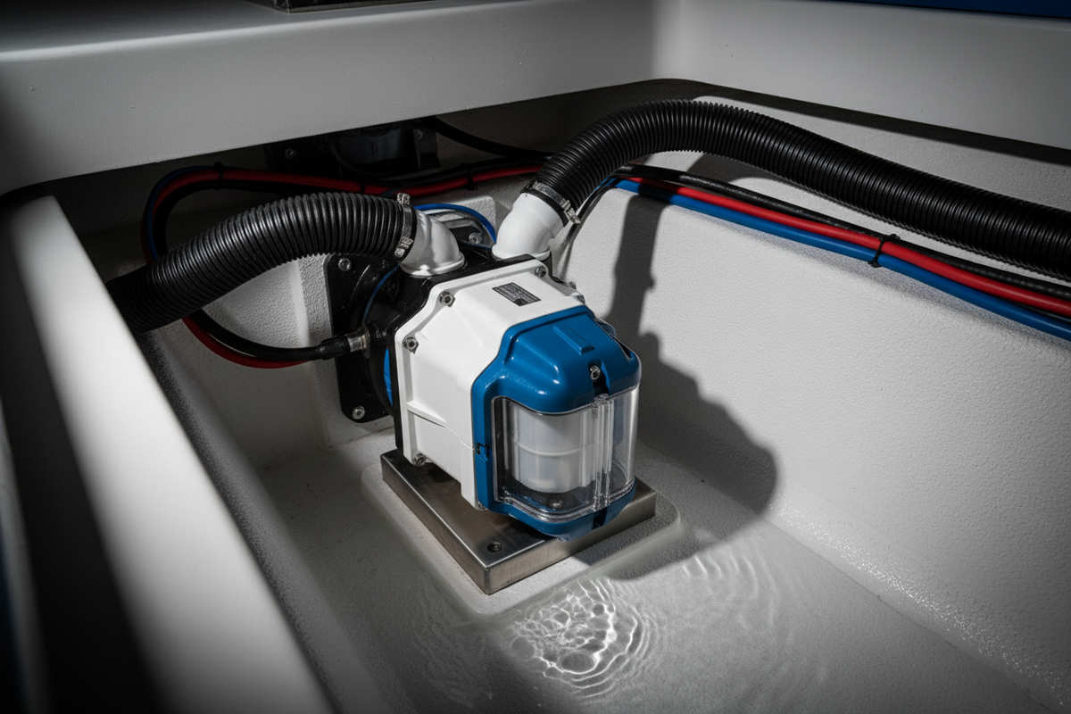 Bilge pump mounted in boat bilge.
