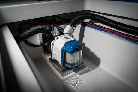 Bilge pump mounted in boat bilge.