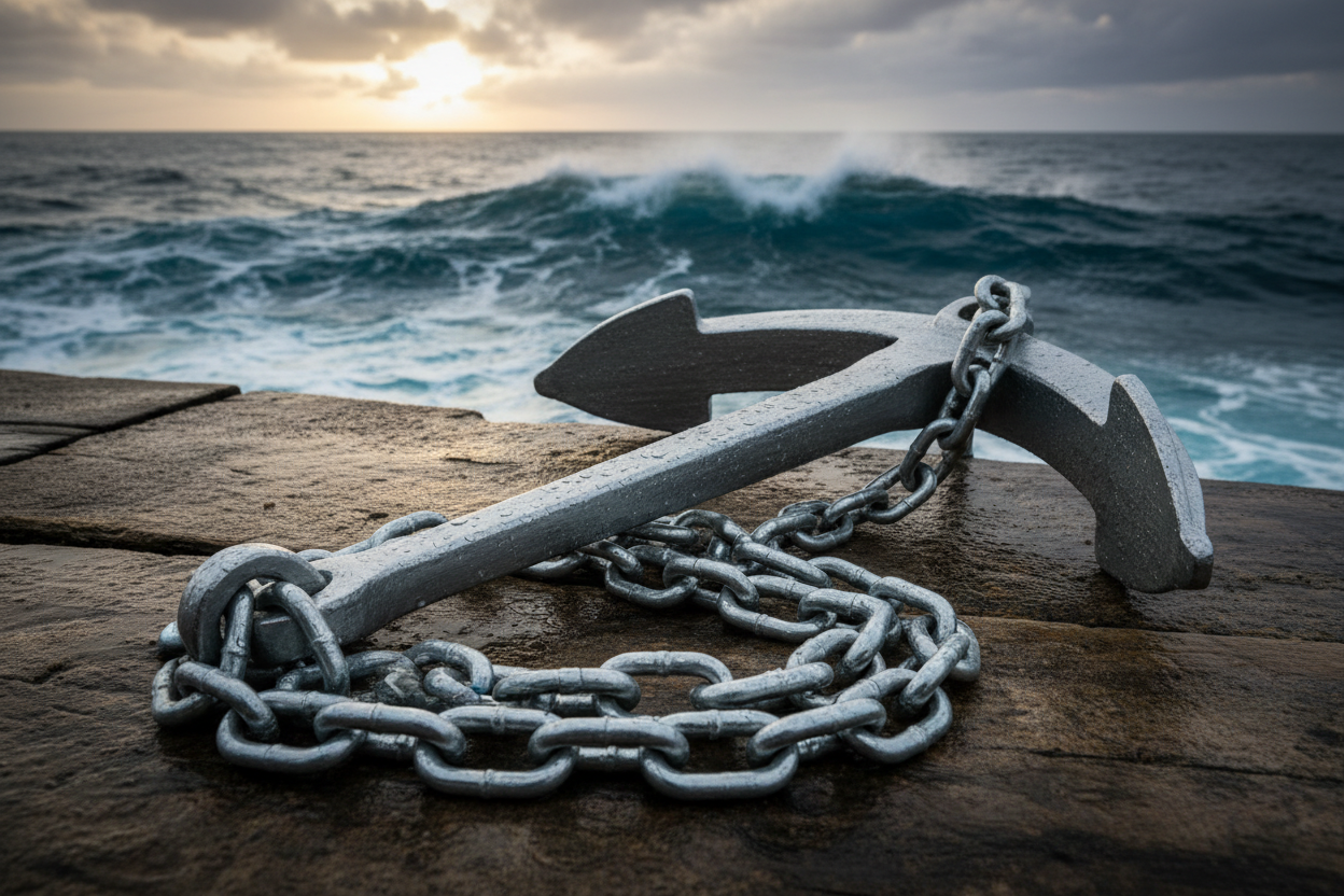Boat anchor and chain sitting on a dock.