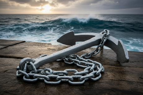 Boat anchor and chain sitting on a dock.