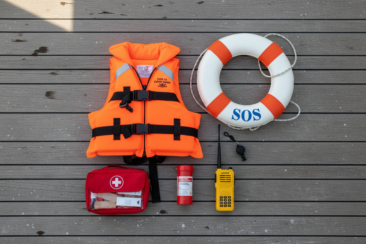 Boating safety gear displayed on a wooden dock. The gear includes an orange life jacket, white and orange life ring, first aid kit, and a vhf handheld radio.
