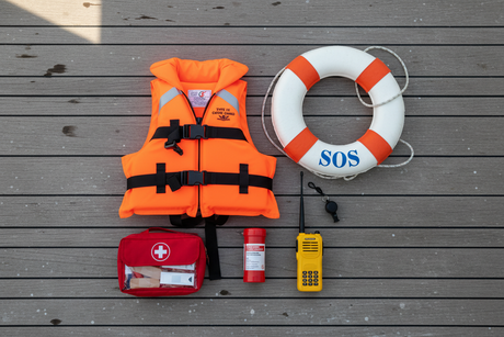 Boating safety gear displayed on a wooden dock. The gear includes an orange life jacket, white and orange life ring, first aid kit, and a vhf handheld radio.