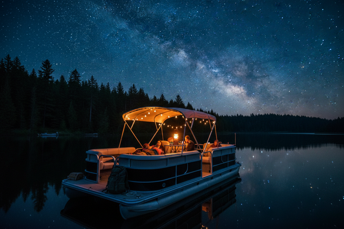 A family camping on a pontoon boat with a sting of lights around the canopy at night.