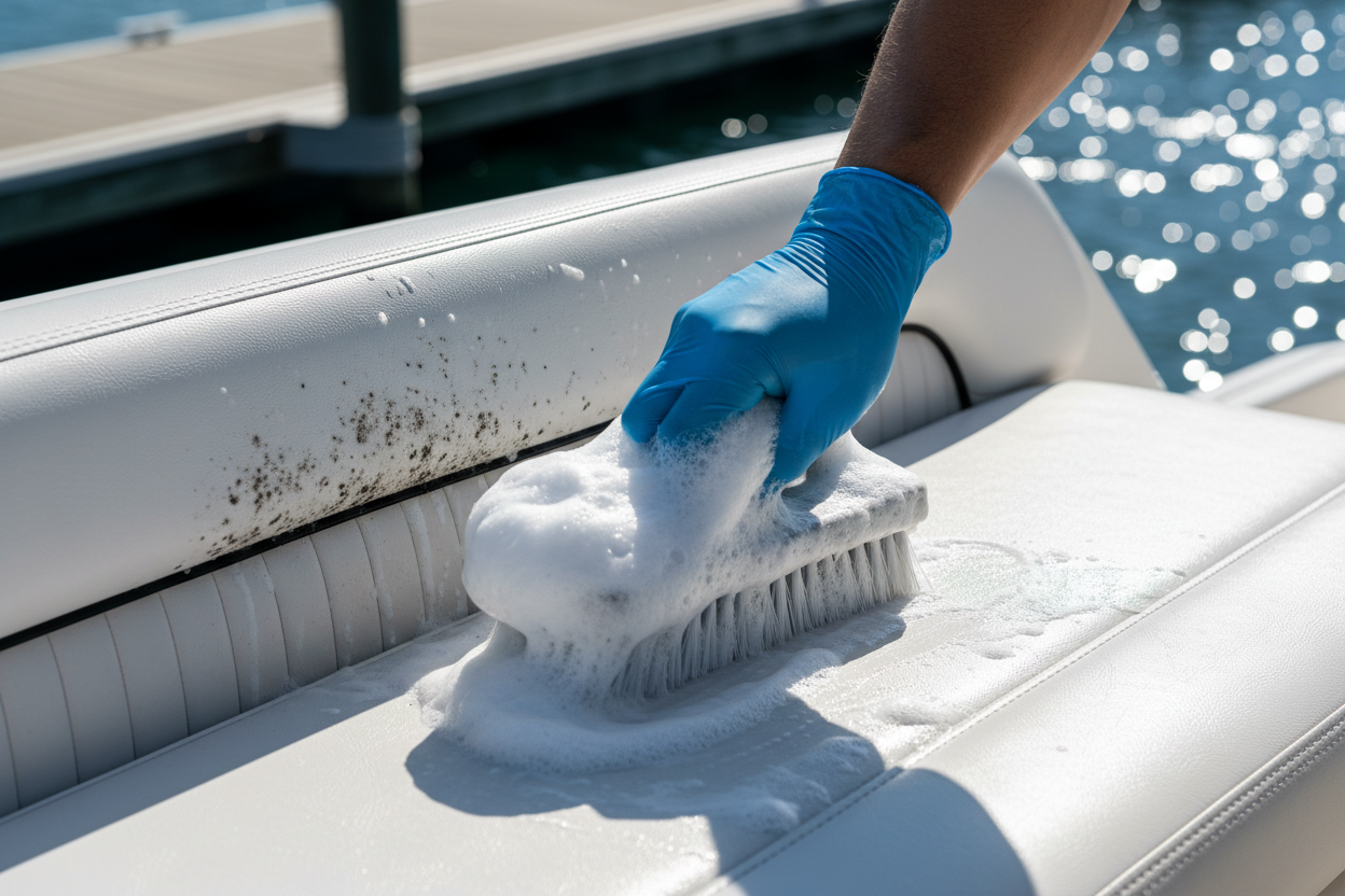 A scrub brush being used to remove mold from a vinyl boat seat.