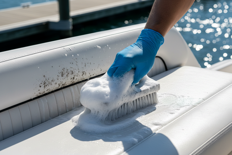 A scrub brush being used to remove mold from a vinyl boat seat.