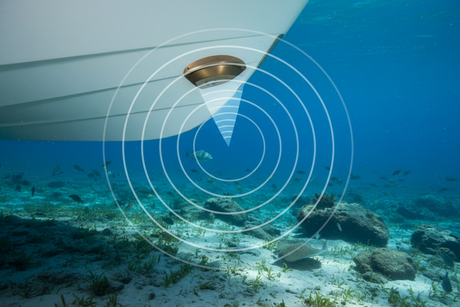 Depth sounder transducer on boat.