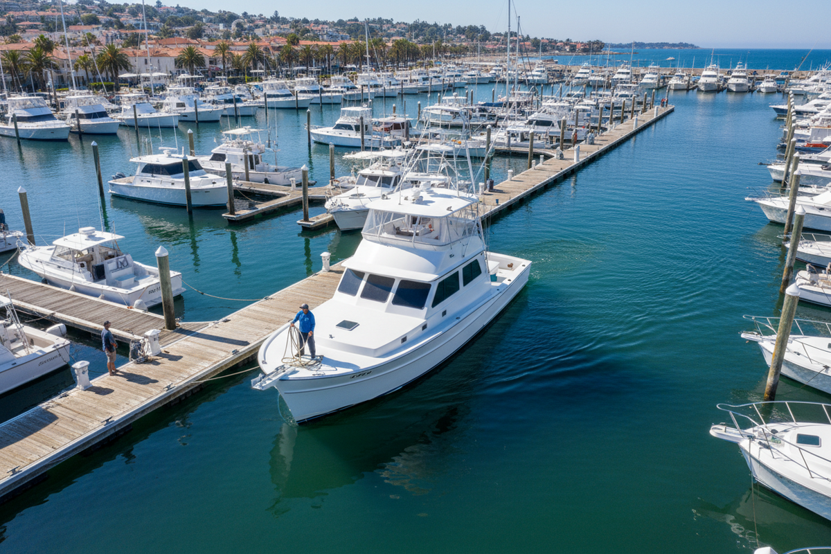 A white boat docking in a marina.