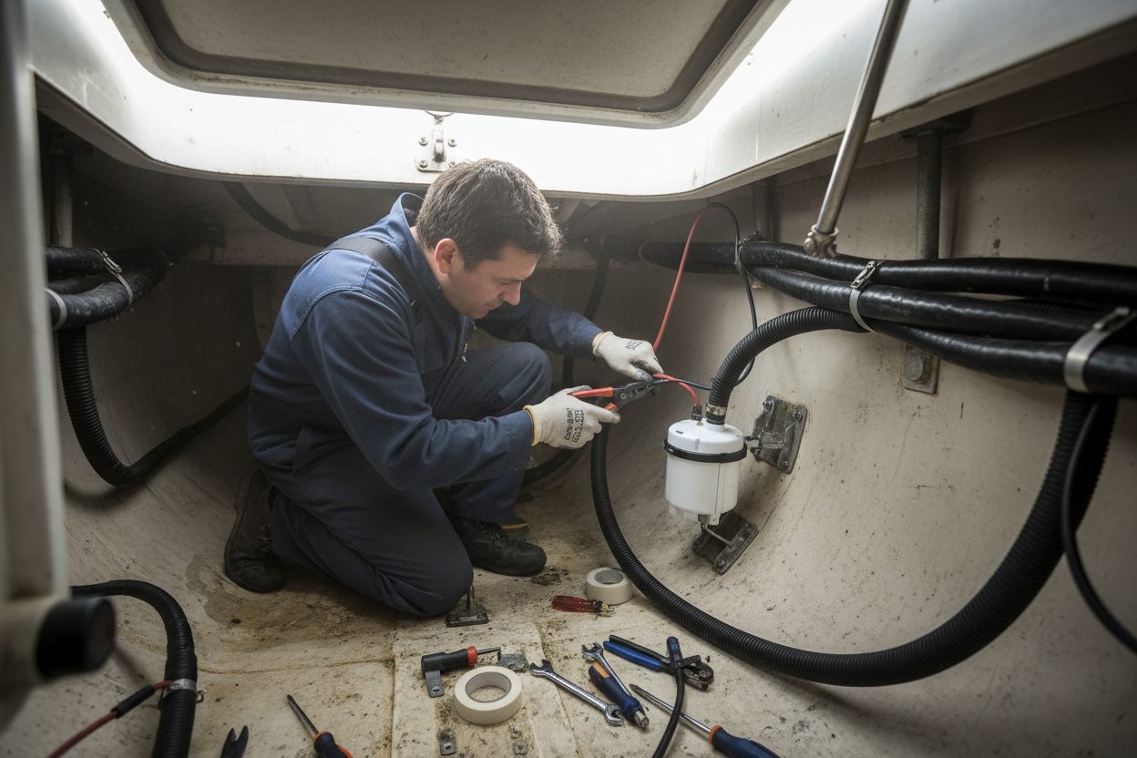 Man installing a bilge pump