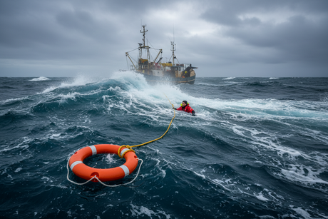 A man overboard holding onto a yellow rope tied to an orange life ring.