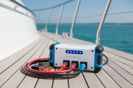 Marine battery charger sitting on a boat deck.