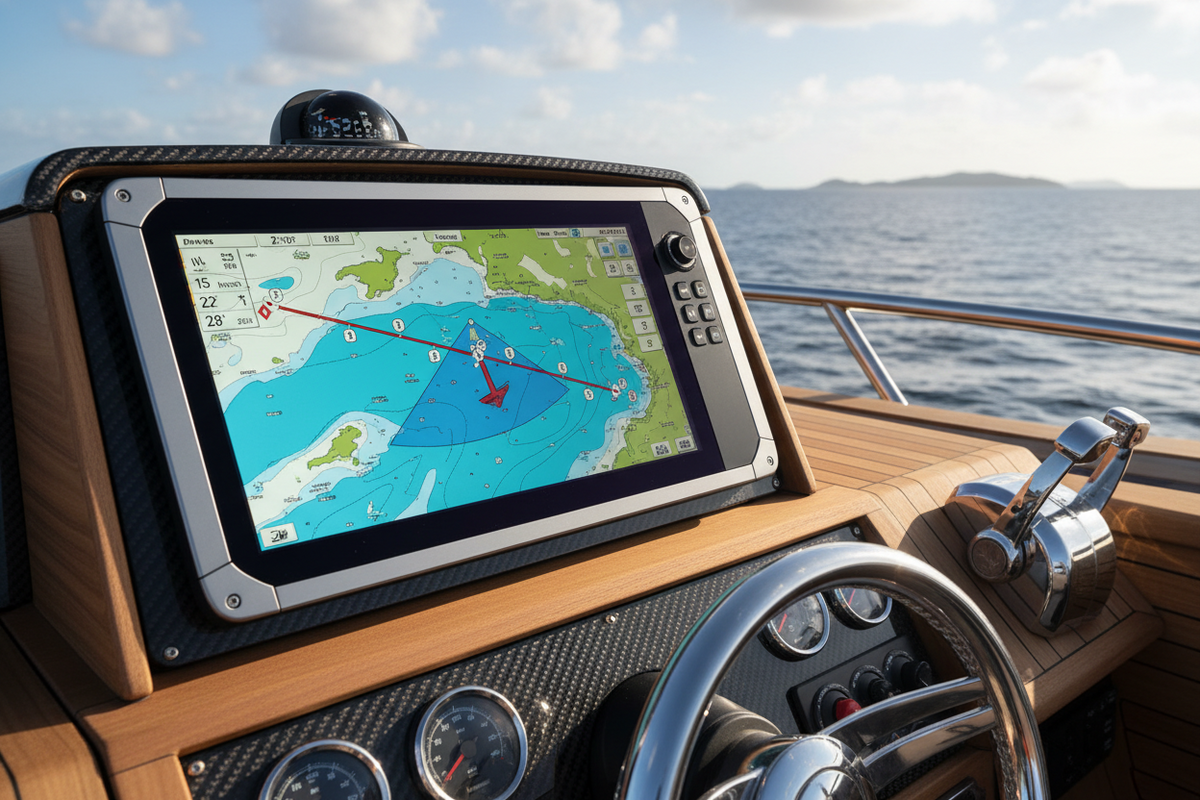 A marine chartplotter mounted to the console of a powerboat.