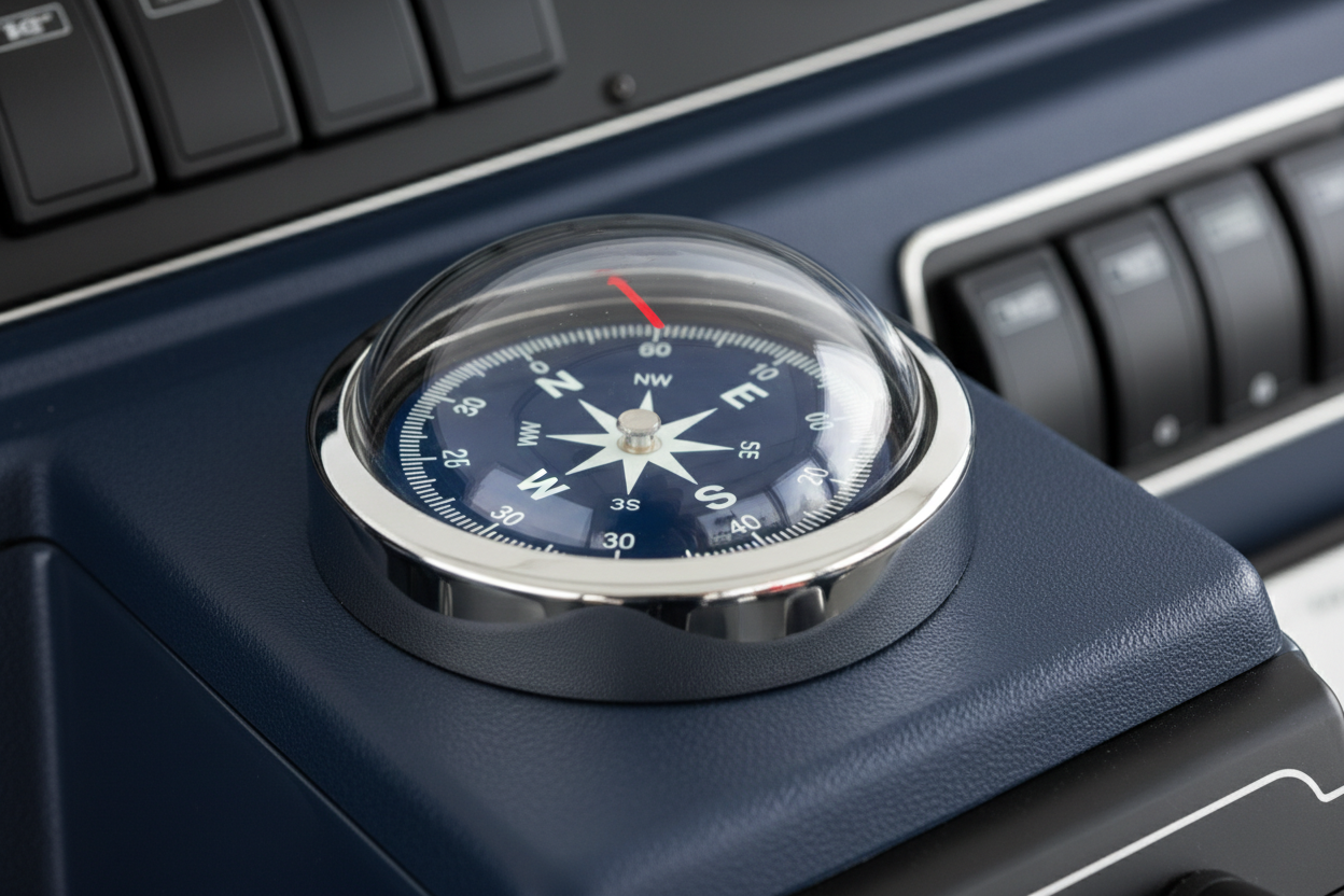 Flush mount marine compass on a boat helm.