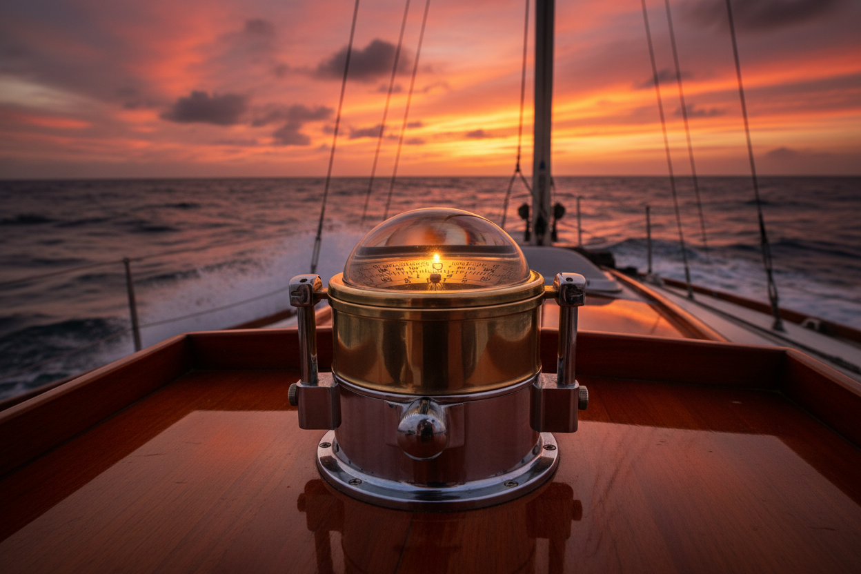 An analog compass on a sailboat helm.