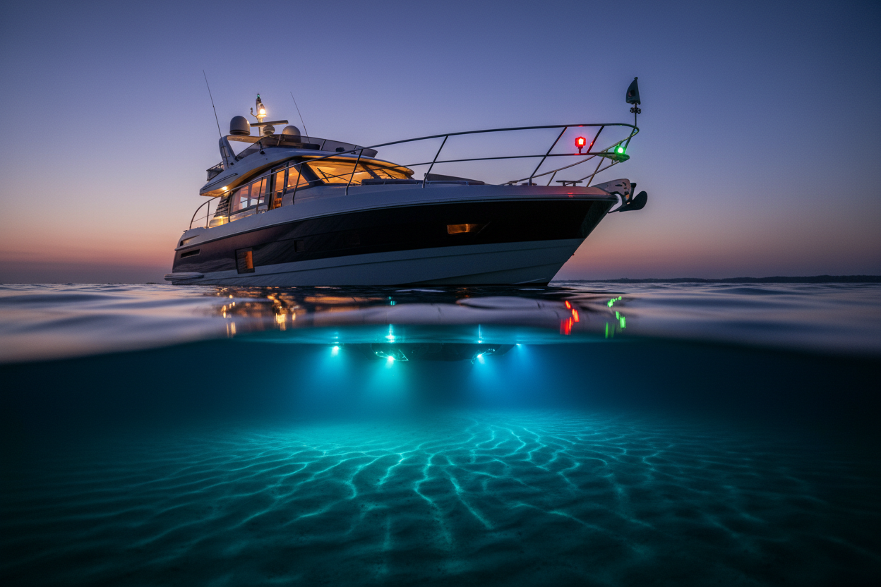Marine lighting on a boat at sea.