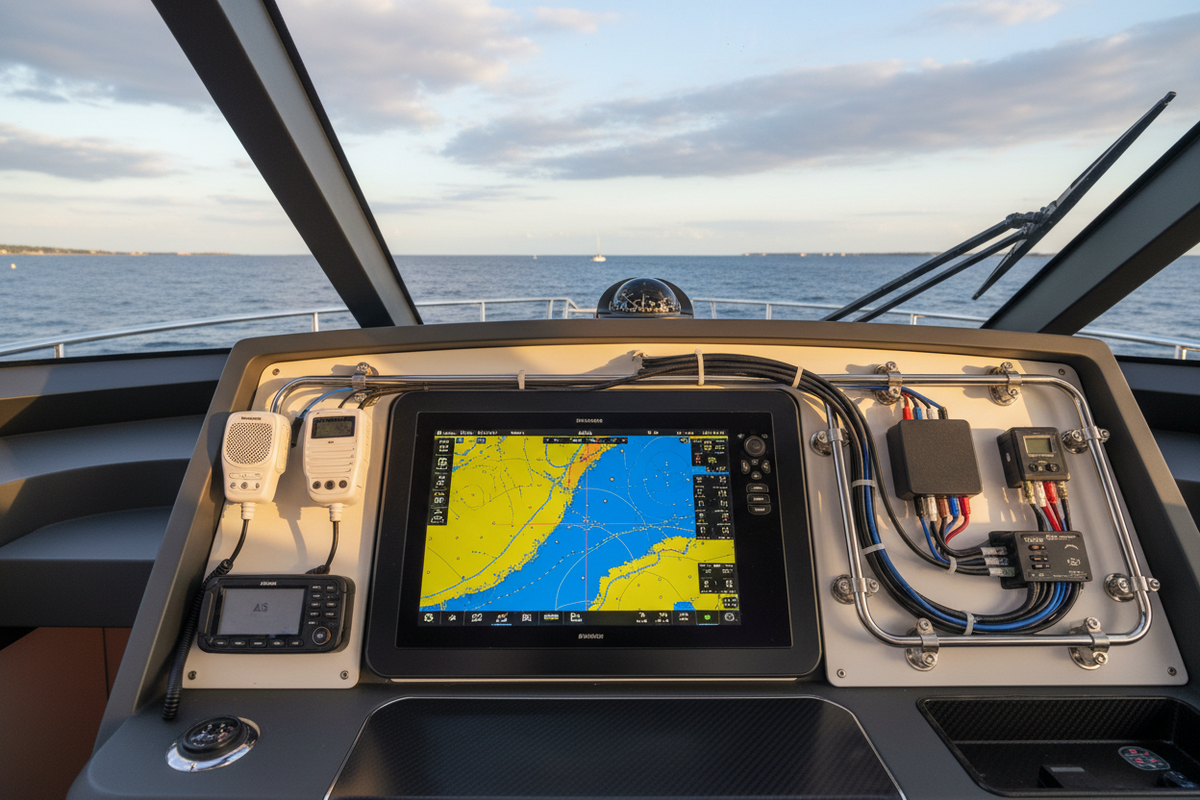A chartplotter and marine network on the helm of a boat.