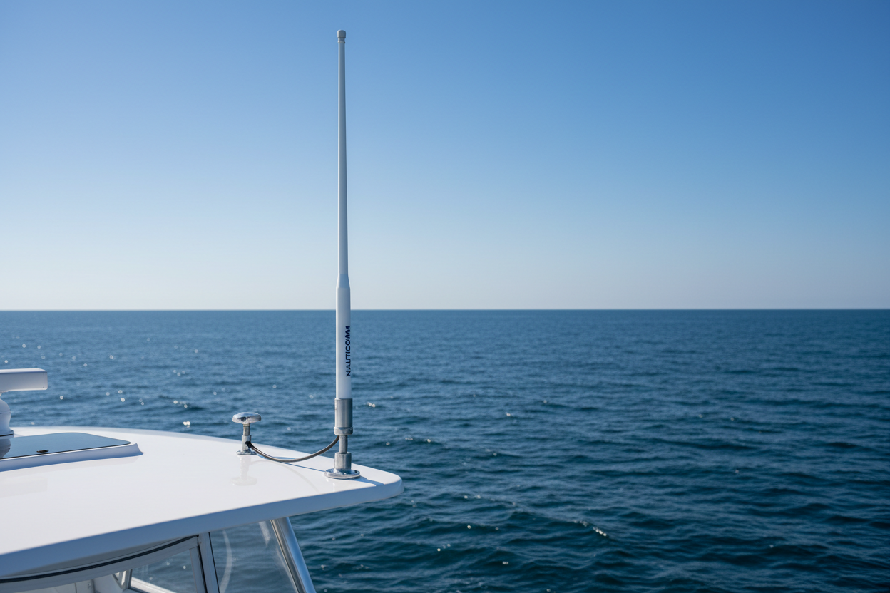 Marine VHF antenna on a boat top.