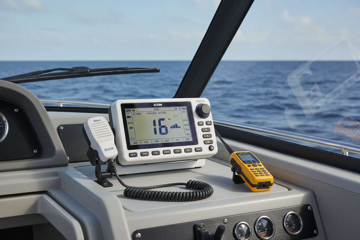 VHF radio mounted on boat dash.