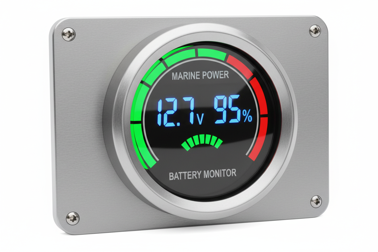 Marine battery monitor with voltage and battery level percentage.