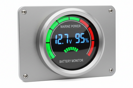 Marine battery monitor with voltage and battery level percentage.