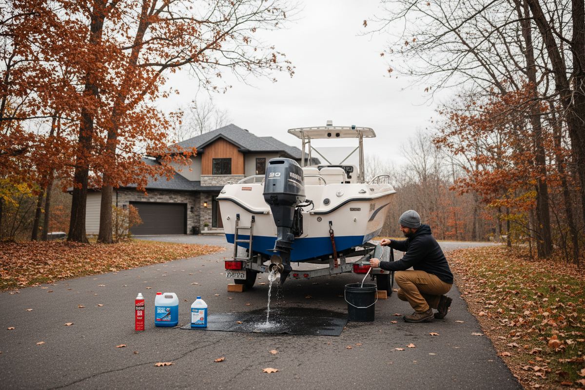 A man winterizing his boat that is on a trailer.