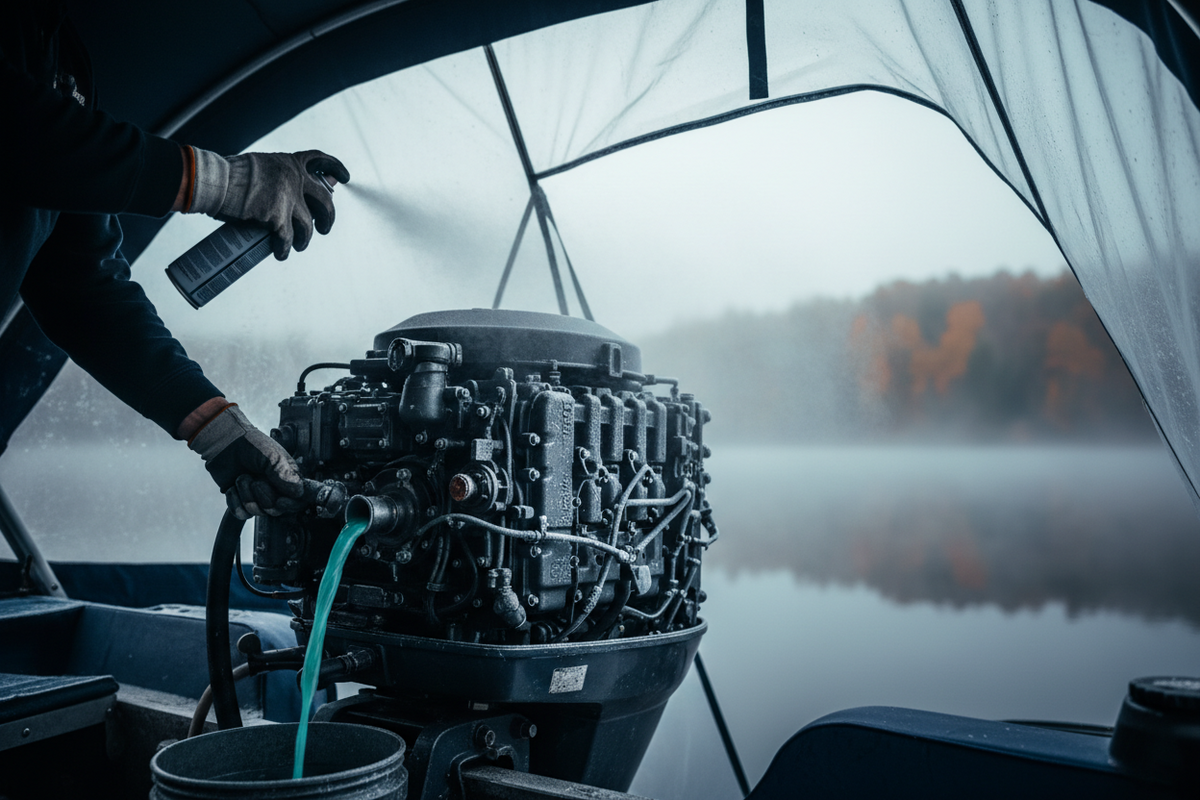 A man winterizing a boat engine