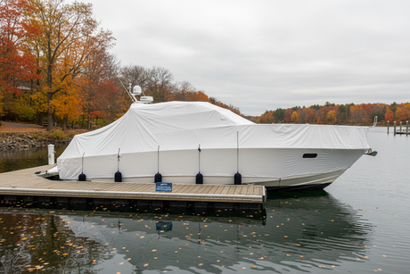 A white boat with a white boat cover on it in a boat slip. The boat is winterized.