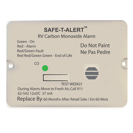 SafeTAlert 62 Series Carbon Monoxide Alarm  12V  RV Flush Mount  White
