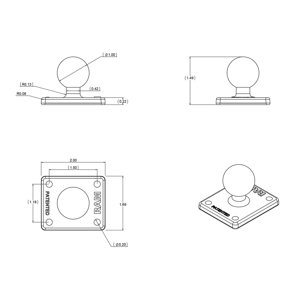 RAM Mount Square 2 x 17 Base w1 Ball