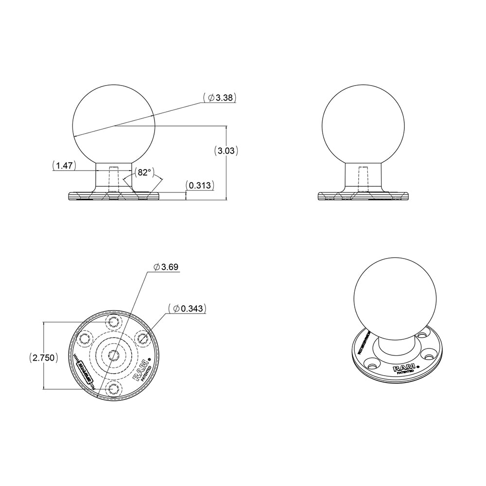 RAM Mount 368 Round Base w338 E Size Ball