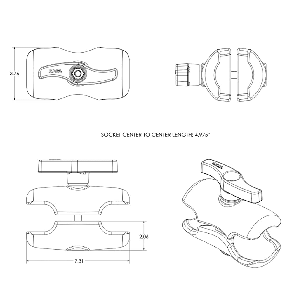 RAM Mount Double Socket Short Arm f338 E Size Ball Base