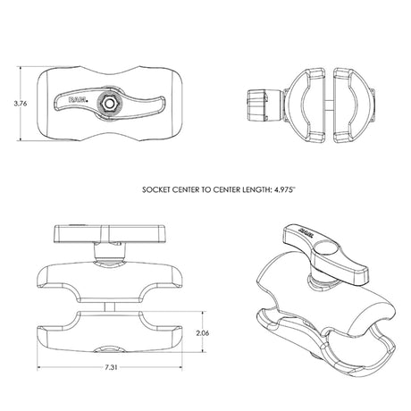 RAM Mount Double Socket Short Arm f338 E Size Ball Base