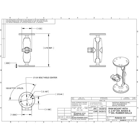 RAM Mount 1 Ball Light Use Surface Mount fGarmin echo 100 150 300c