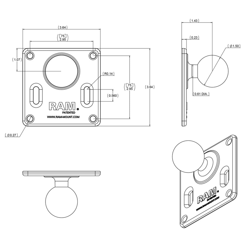 RAM Mount 75mm x 75mm VESA 3625 Plate w15 Diameter Ball