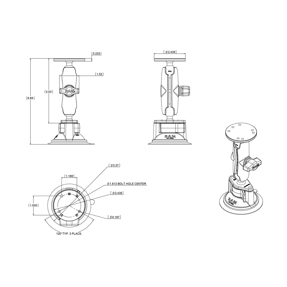 RAM Mount Twist Lock Suction Cup wRound Base Adapter