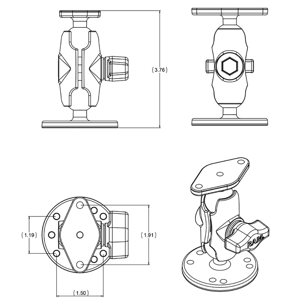 RAM Mount Flat Surface Mount Short Arm wDiamond Base