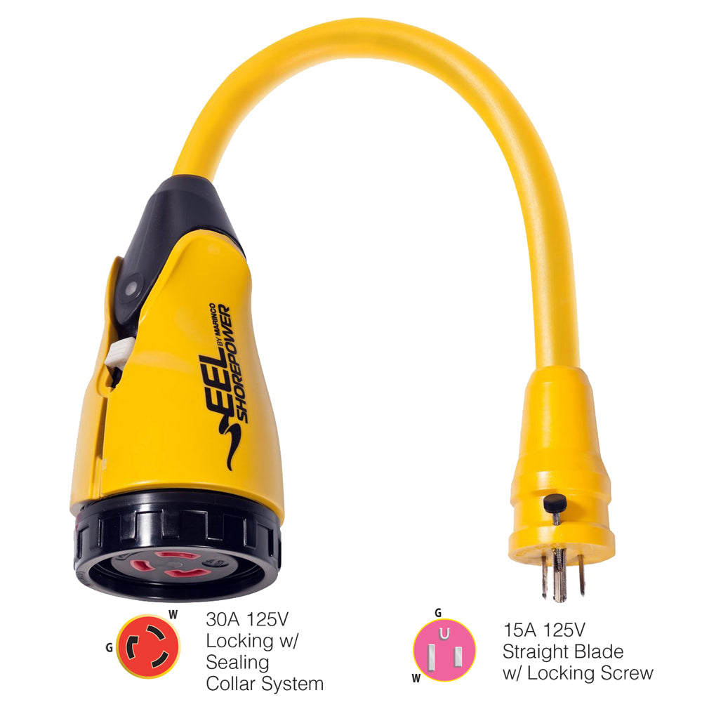 Marinco P1530 EEL 30A125V Female to 15A125V Male Pigtail Adapter  Yellow