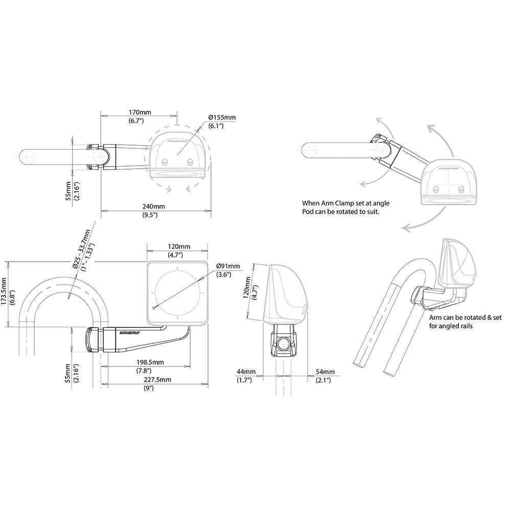 Scanstrut Scanpod Single Instrument Pod Precut Arm Mounted  Fits 1  13 Rails